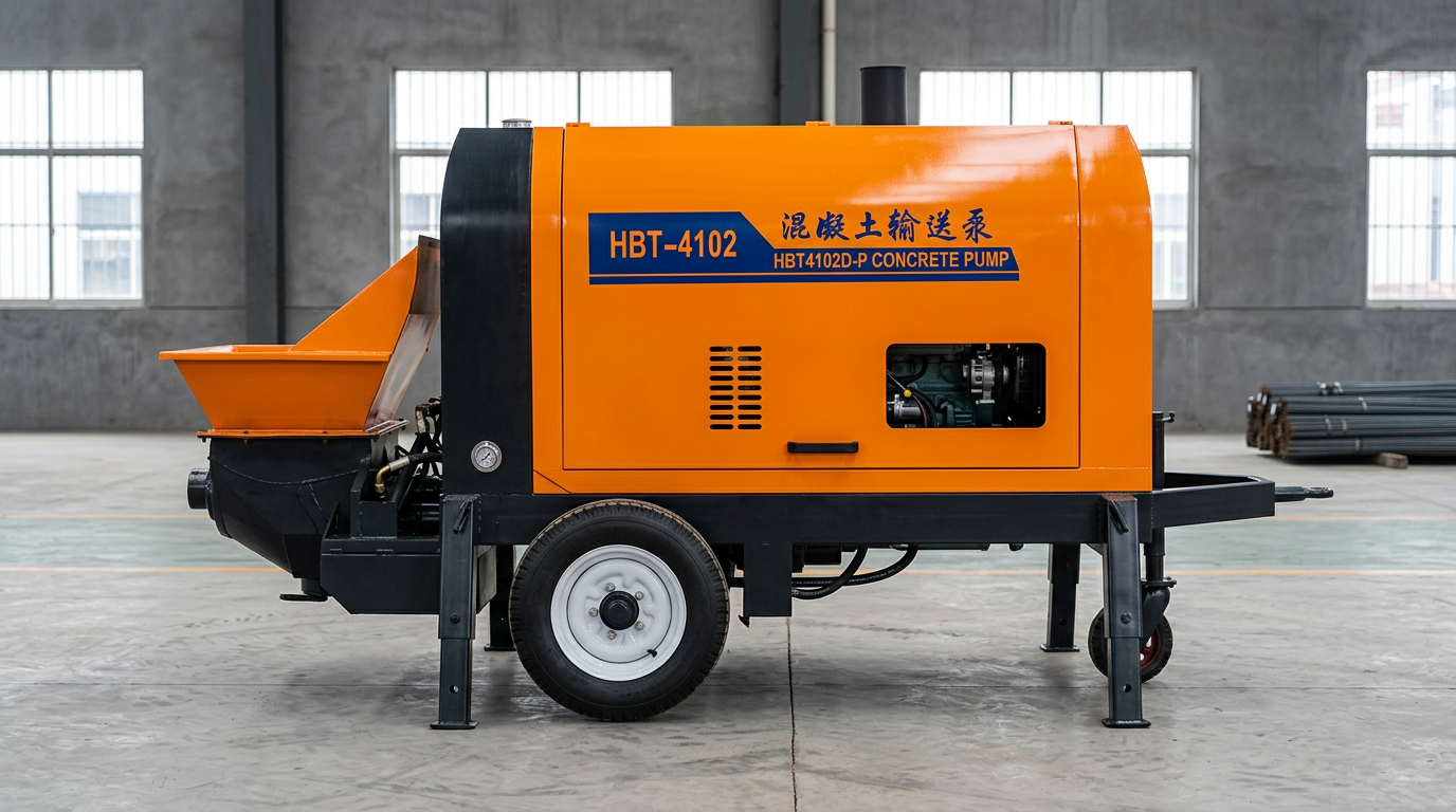 Bomba de concreto HBT-4102 laranja em galpão industrial, vista lateral